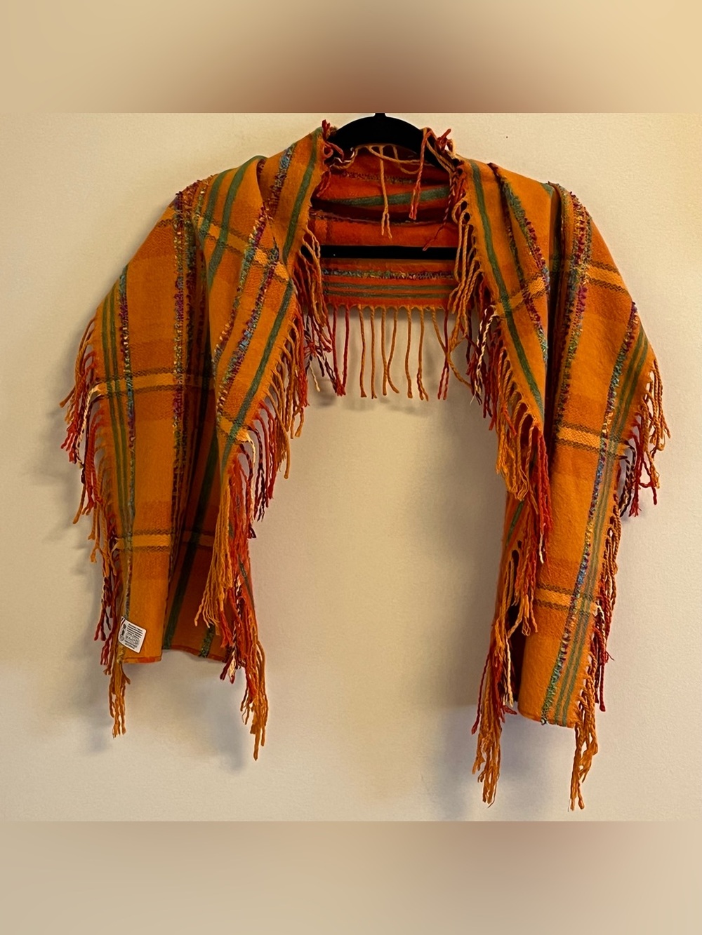 Vintage 80s 90s Boho Scarf Made in France Acrylic Knit Fringe Orange Retro Plaid